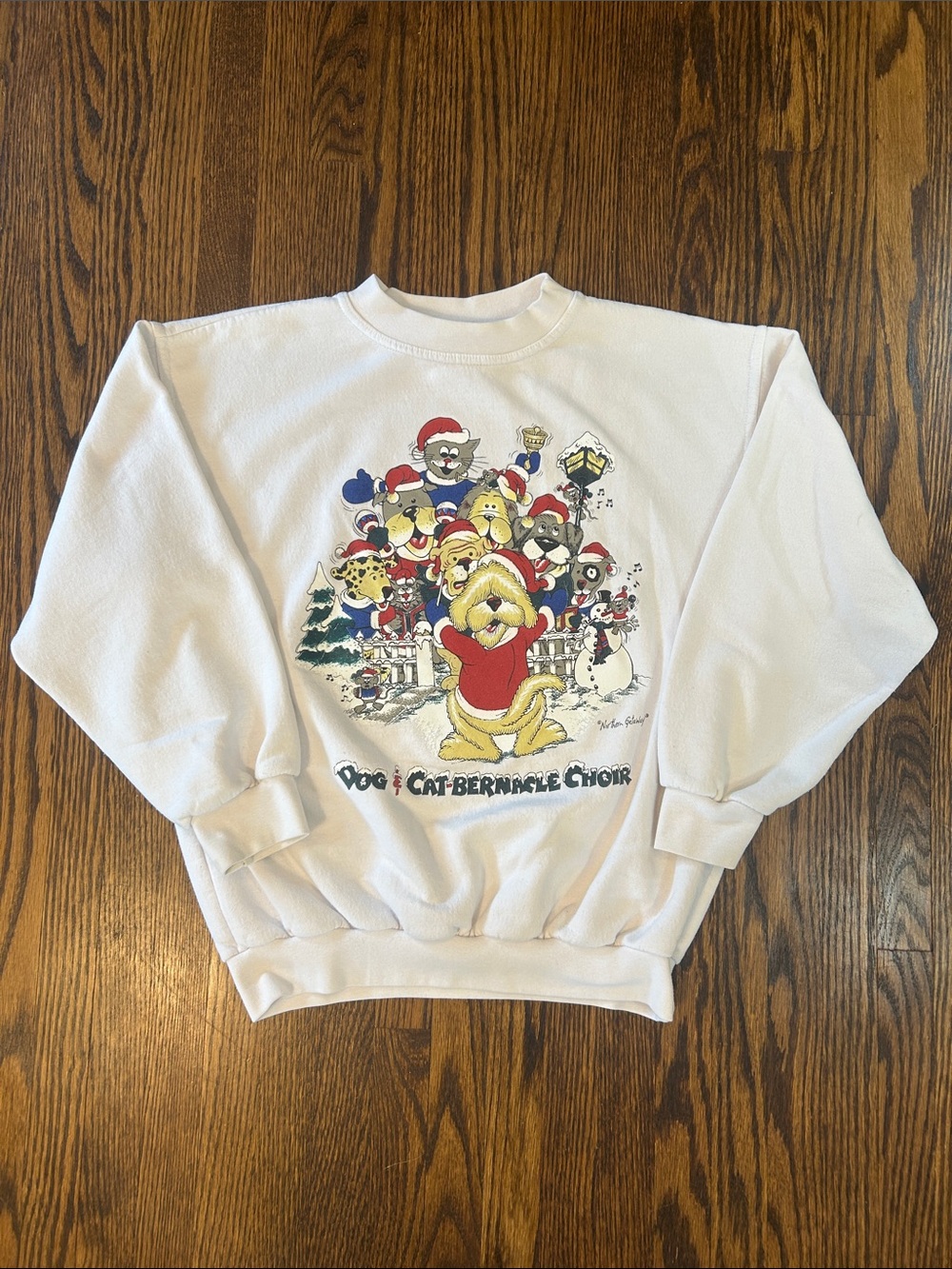 Vintage White Holiday Cartoon Choir Sweatshirt - Colorful Graphic